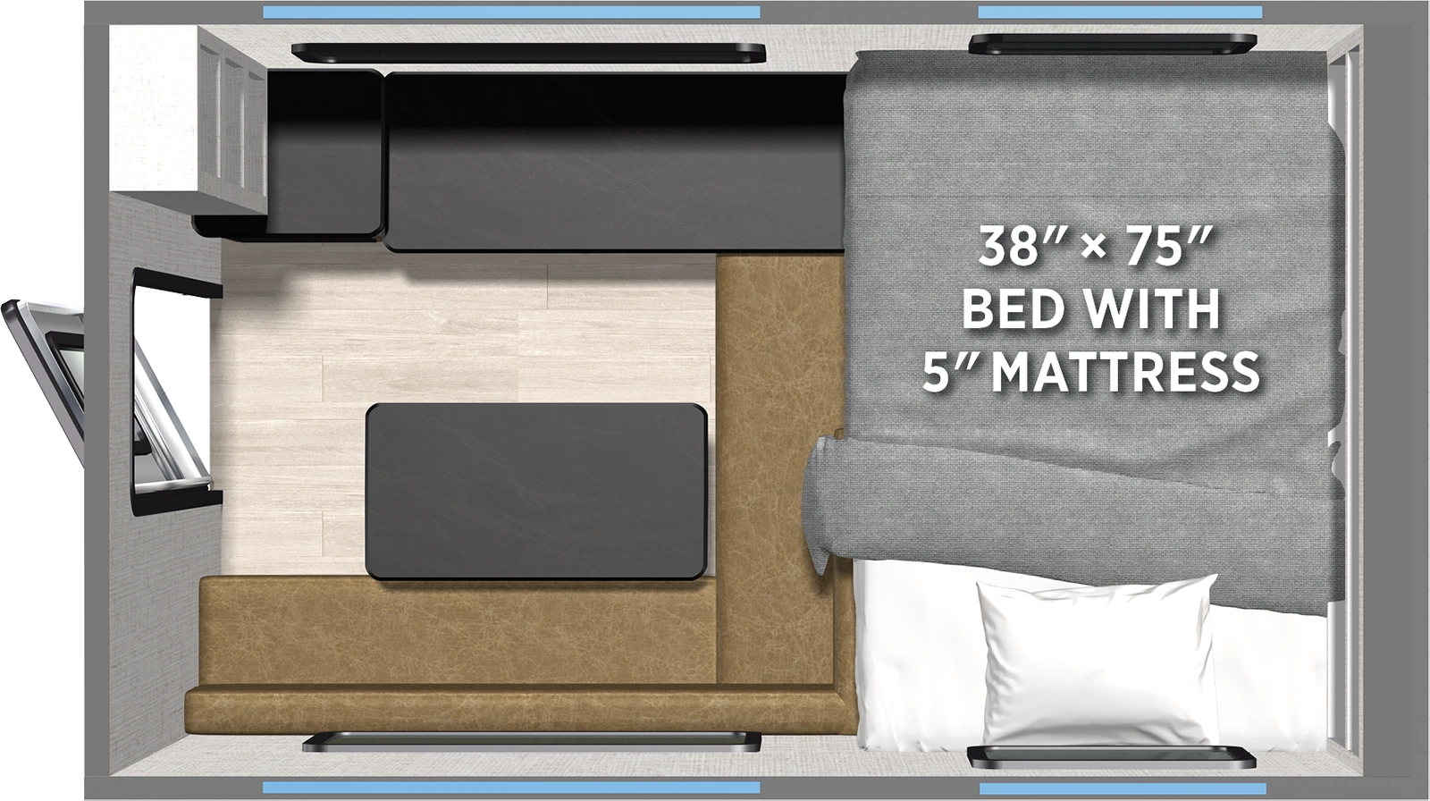 The Real Lite Truck Camper R-580H floorplan features include: 